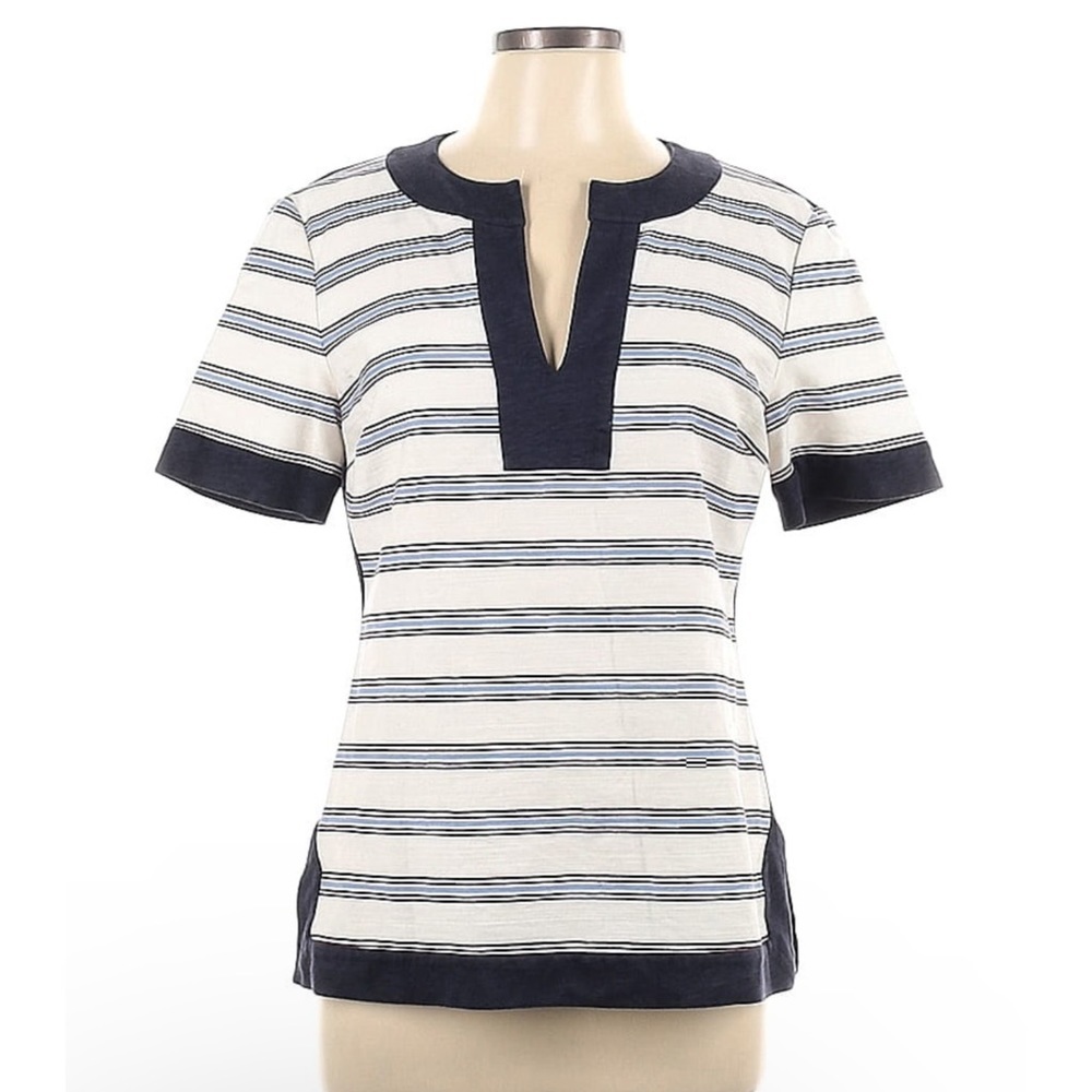 Tory Burch Stripe Navy Blue Tunic Top Medium Coastal Grandmother Old Mon…